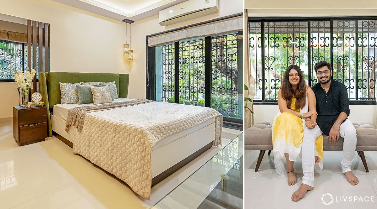 Bedroom in Aishwarya Mohanraj and Aakash Shah's Mumbai home with green accents and warm layered lighting